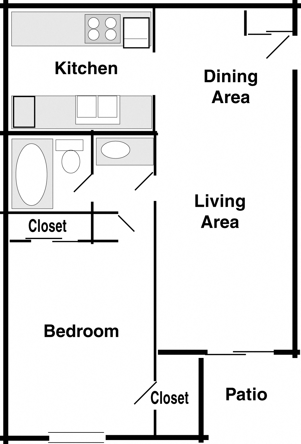 Floor plan for 1 bed, 1 bath, 810 sqft